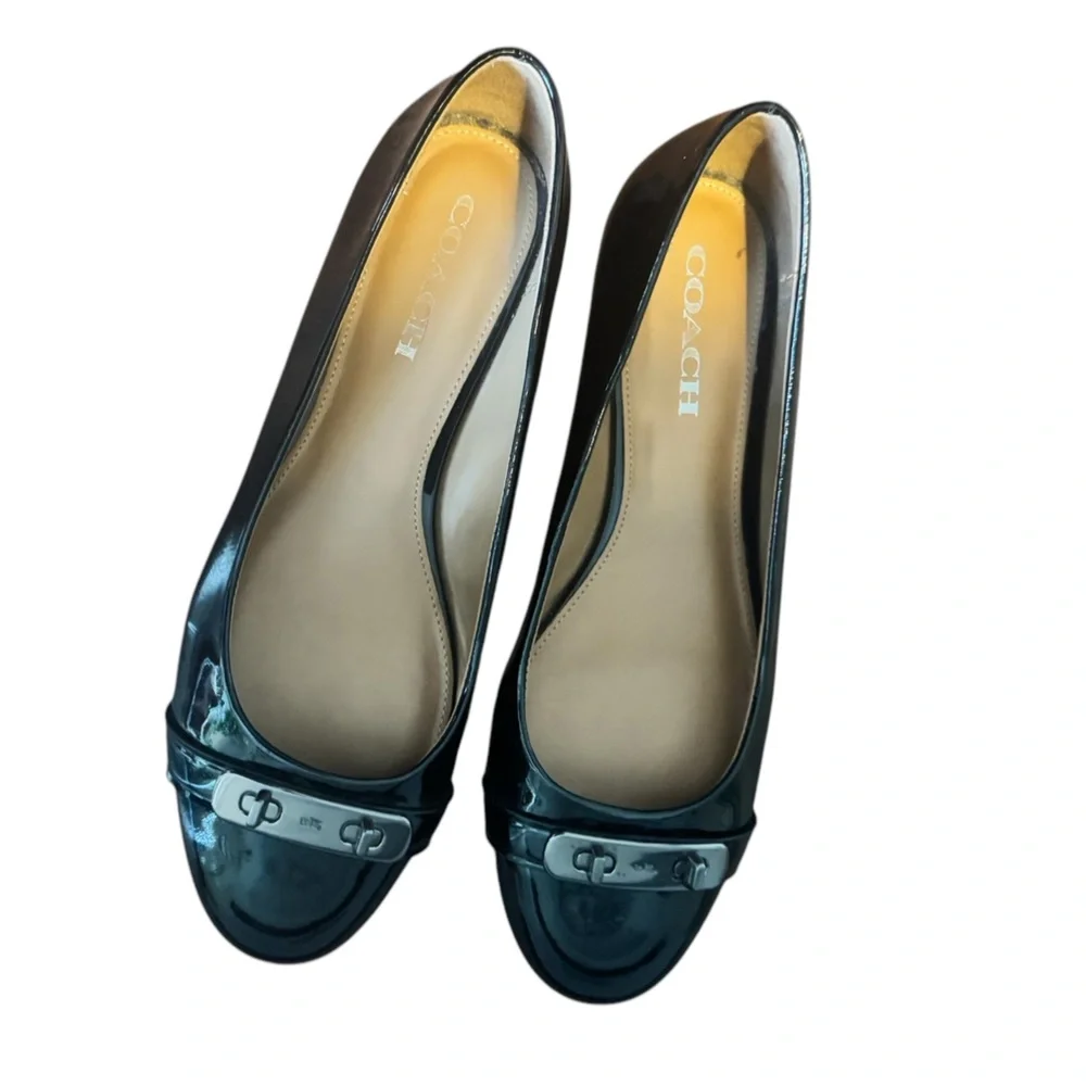 COACH Oswald Black Patent Leather Ballerina Flats with Metal Buckle Accent. - Picture 7 of 12